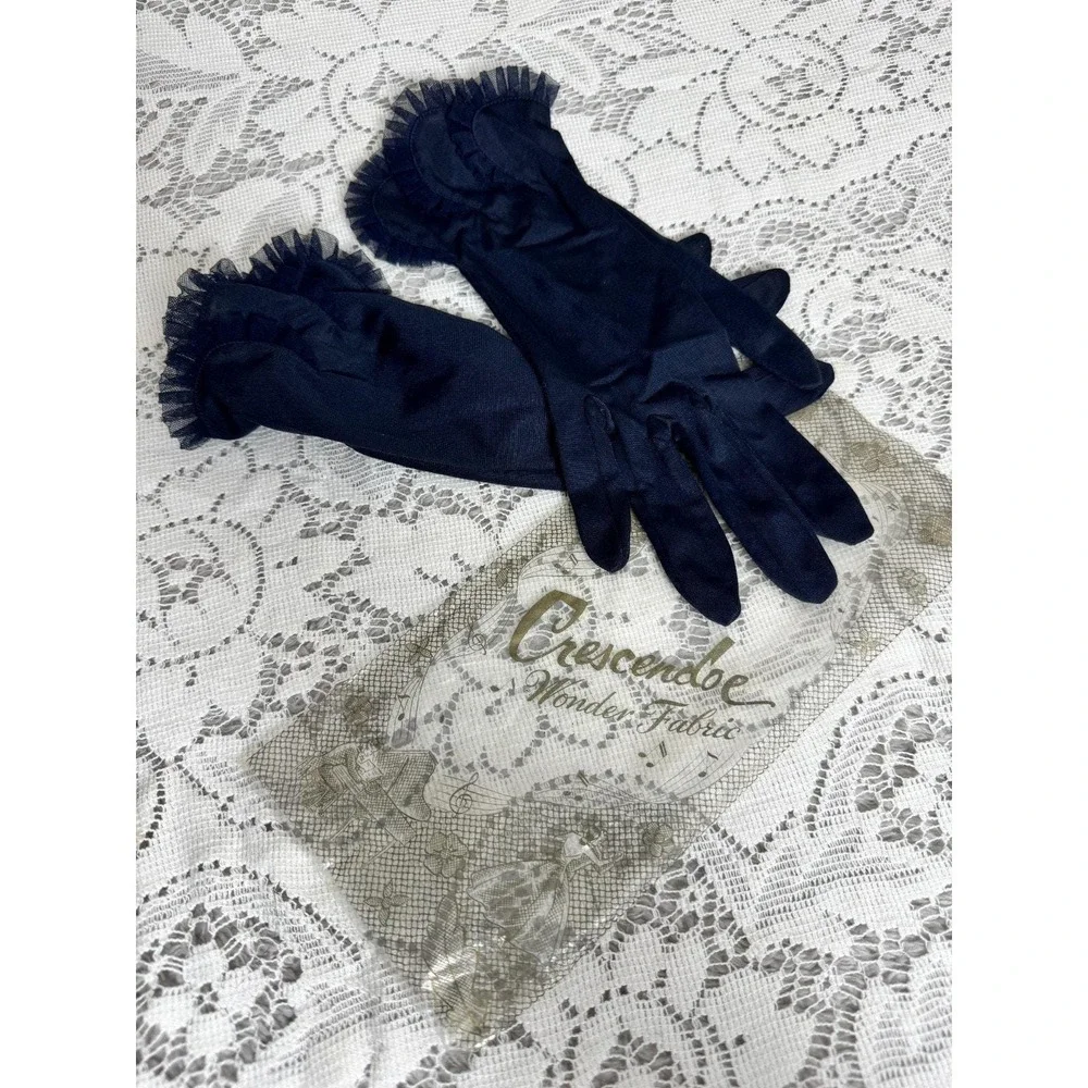 Vintage Crescendo Sheer Navy Gloves Ruffle Sz 7 w Bag 11